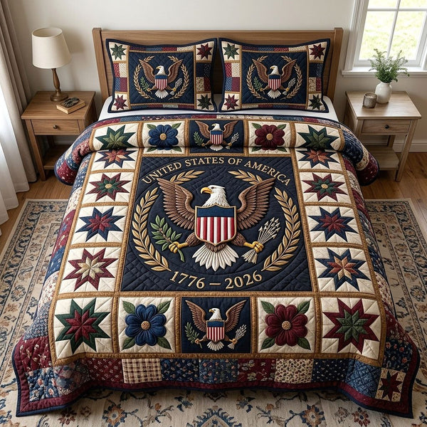 Heritage Patch quilted 3-piece bedding set on a made bed in a farmhouse bedroom