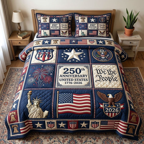 Heritage Patch quilted 3-piece bedding set on a made bed in a farmhouse bedroom