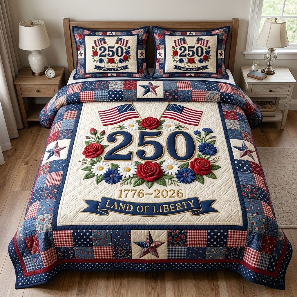 Heritage Patch quilted 3-piece bedding set on a made bed in a farmhouse bedroom