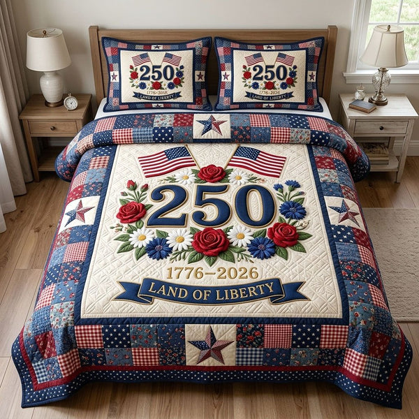 Heritage Patch quilted 3-piece bedding set on a made bed in a farmhouse bedroom