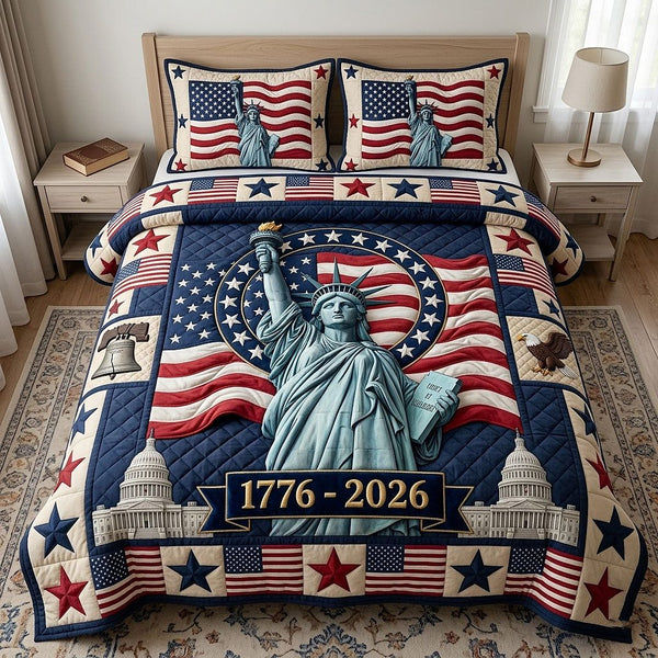 Heritage Patch quilted 3-piece bedding set on a made bed in a farmhouse bedroom