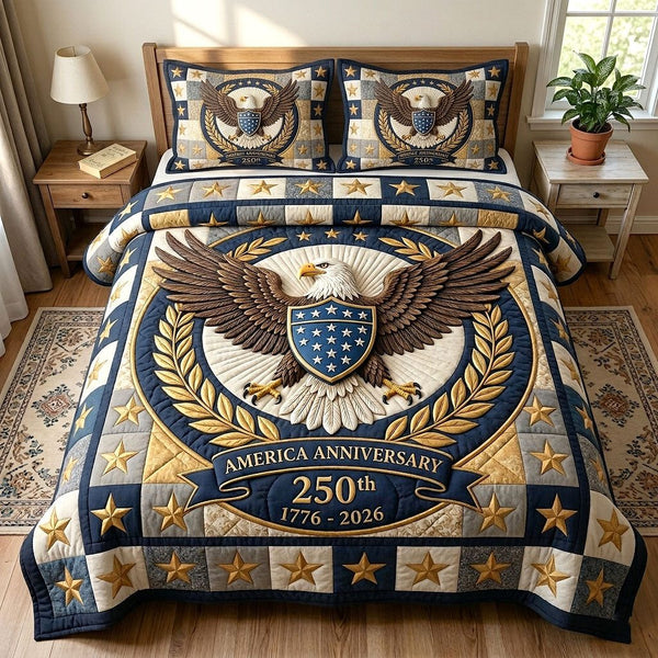 Heritage Patch quilted 3-piece bedding set on a made bed in a farmhouse bedroom