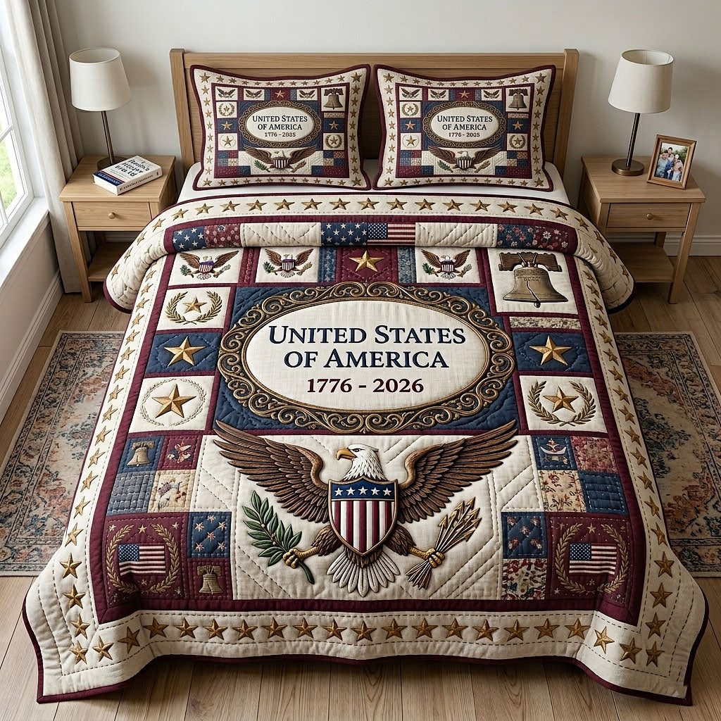 Heritage Patch quilted 3-piece bedding set on a made bed in a farmhouse bedroom