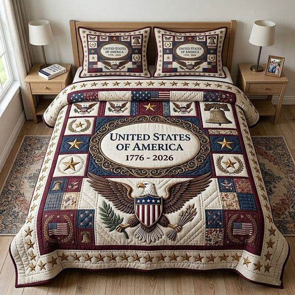 Heritage Patch quilted 3-piece bedding set on a made bed in a farmhouse bedroom
