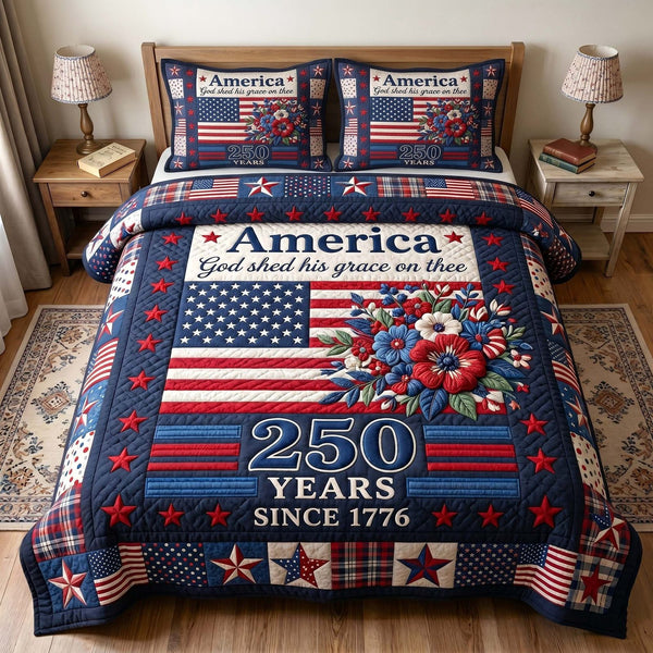 Heritage Patch quilted 3-piece bedding set on a made bed in a farmhouse bedroom