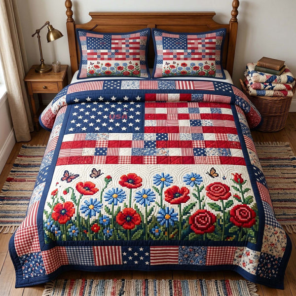 Heritage Patch quilted 3-piece bedding set on a made bed in a farmhouse bedroom
