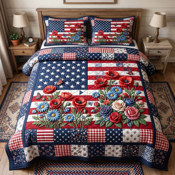 Heritage Patch quilted 3-piece bedding set on a made bed in a farmhouse bedroom