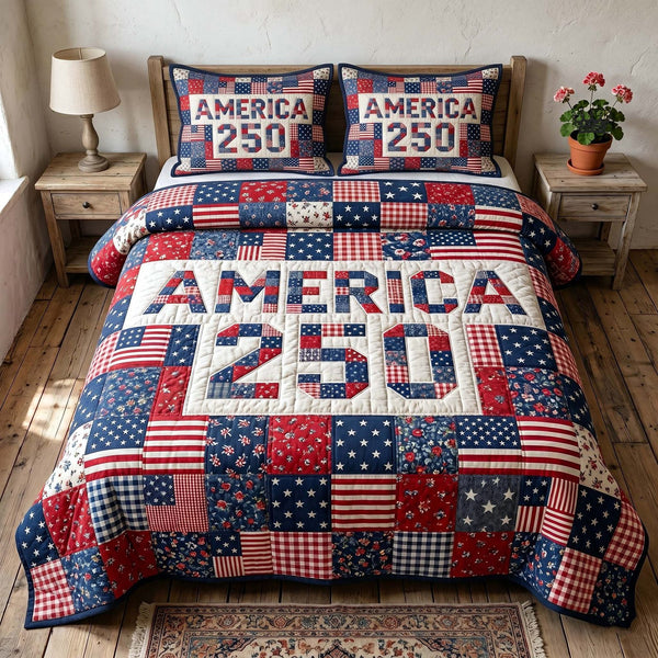 Heritage Patch quilted 3-piece bedding set on a made bed in a farmhouse bedroom