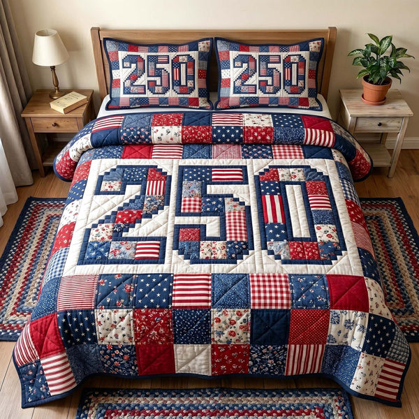 Heritage Patch quilted 3-piece bedding set on a made bed in a farmhouse bedroom