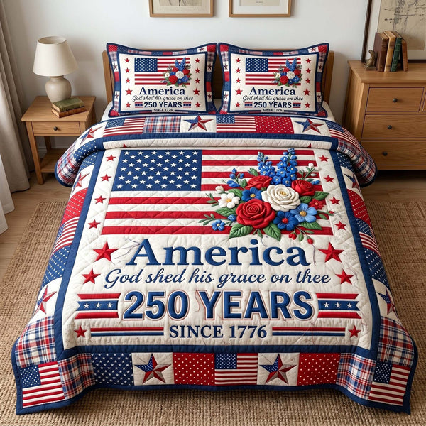 Heritage Patch quilted 3-piece bedding set on a made bed in a farmhouse bedroom