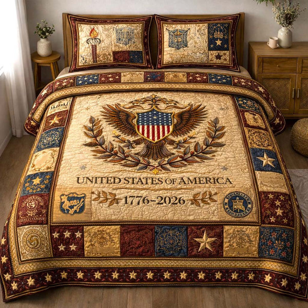Heritage Patch quilted 3-piece bedding set on a made bed in a farmhouse bedroom