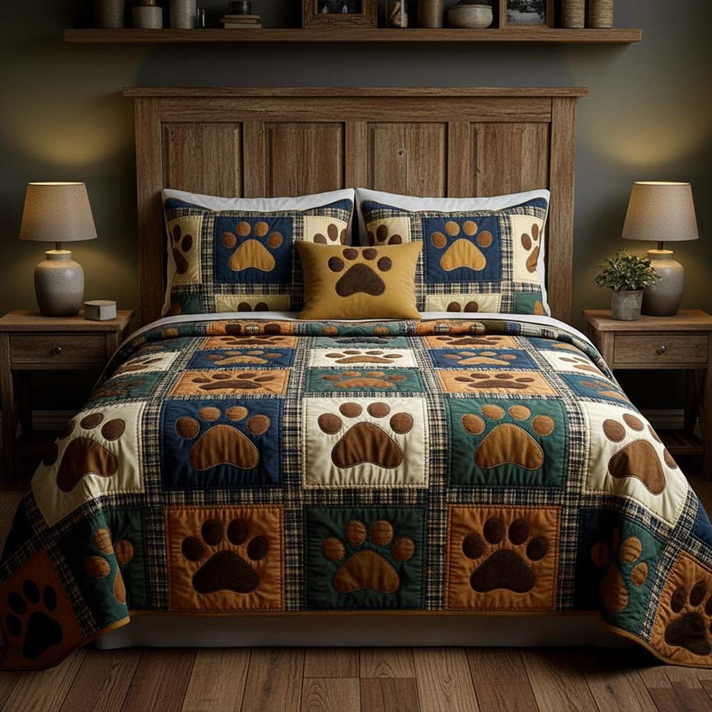 Heritage Paw quilted 3-piece bedding set on a made bed in a farmhouse bedroom