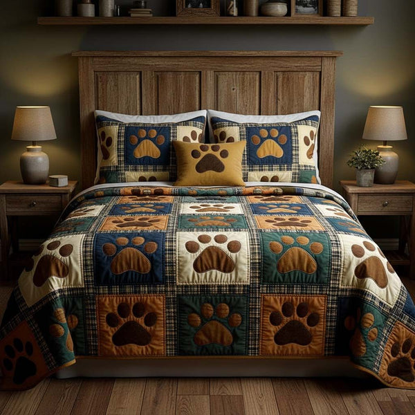 Heritage Paw quilted 3-piece bedding set on a made bed in a farmhouse bedroom