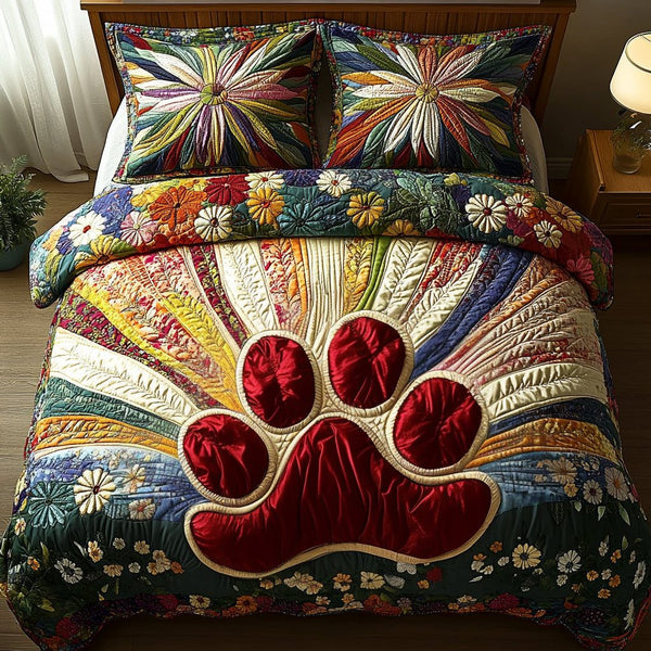 Heritage Paws quilted 3-piece bedding set on a made bed in a farmhouse bedroom