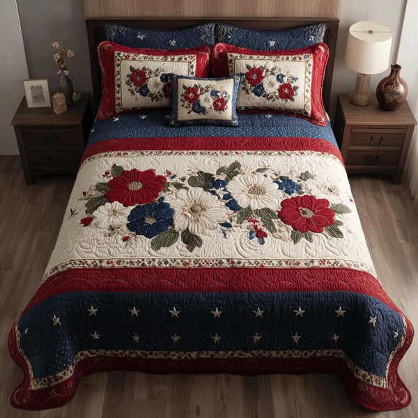 Heritage Petal quilted 3-piece bedding set on a made bed in a farmhouse bedroom