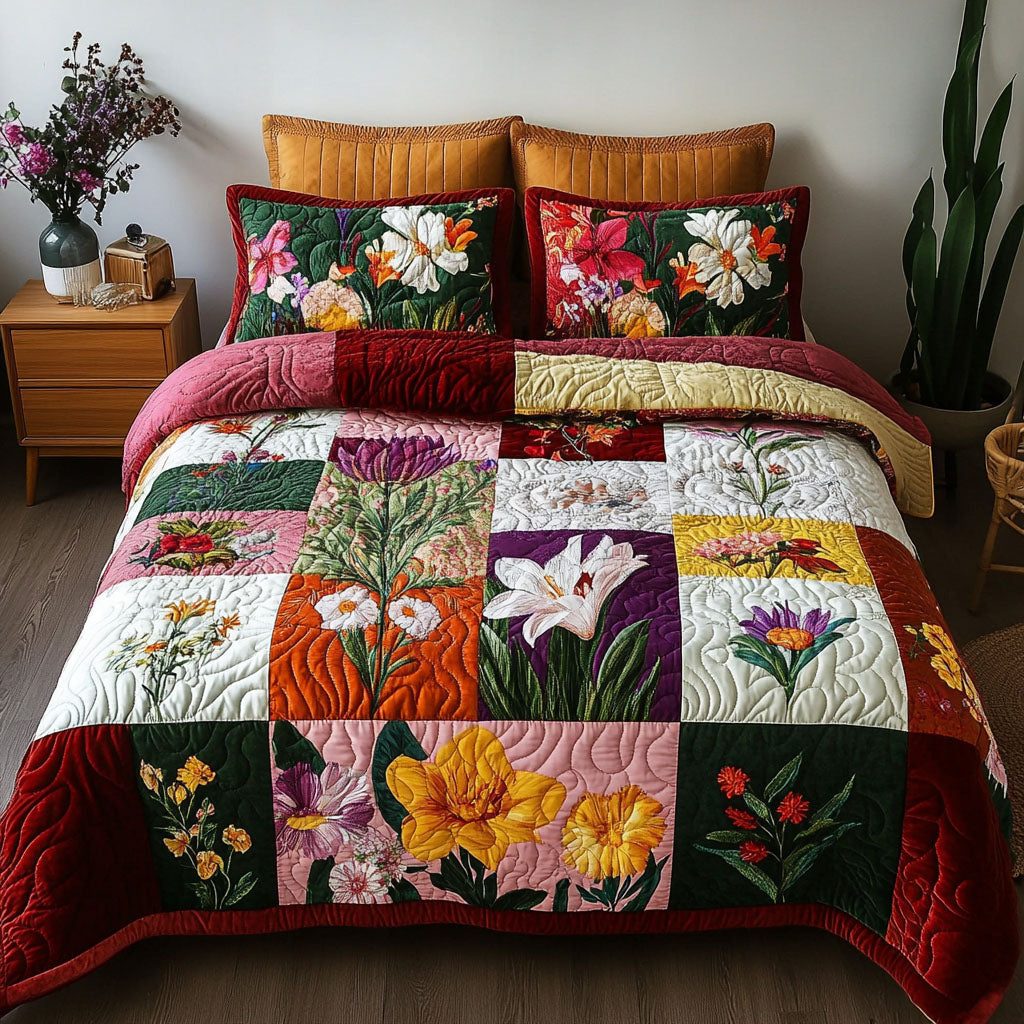 Heritage Petals quilted 3-piece bedding set on a made bed in a farmhouse bedroom
