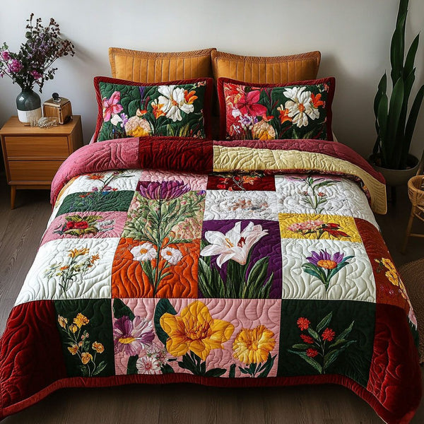 Heritage Petals quilted 3-piece bedding set on a made bed in a farmhouse bedroom