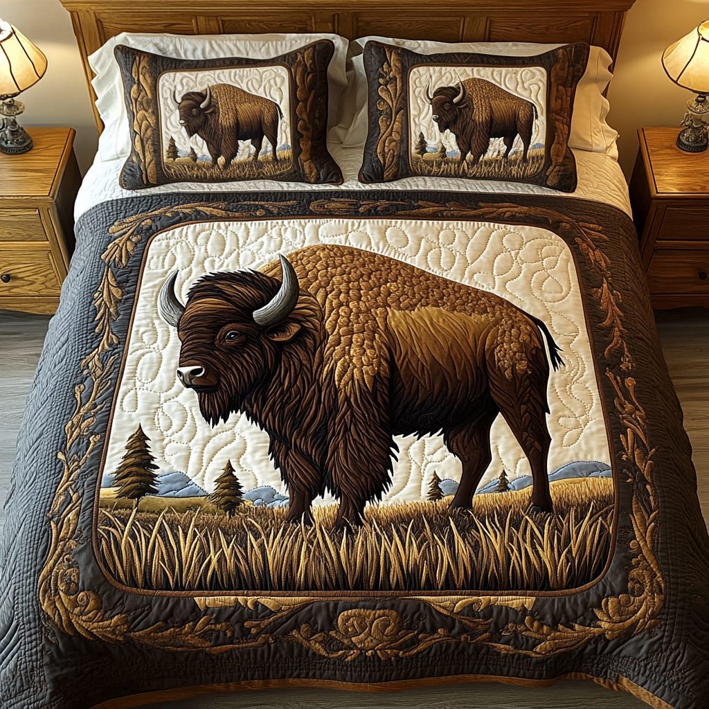 Heritage Plains quilted 3-piece bedding set on a made bed in a farmhouse bedroom