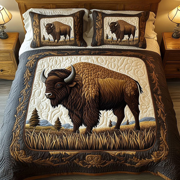 Heritage Plains quilted 3-piece bedding set on a made bed in a farmhouse bedroom
