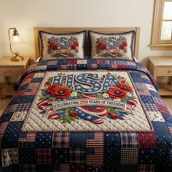 Heritage Pride quilted 3-piece bedding set on a made bed in a farmhouse bedroom