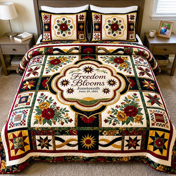 Heritage Pride quilted 3-piece bedding set on a made bed in a farmhouse bedroom