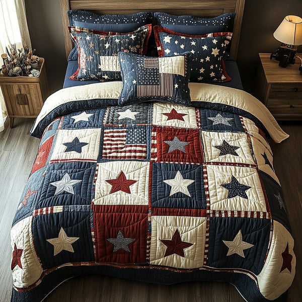 Heritage Pride quilted 3-piece bedding set on a made bed in a farmhouse bedroom