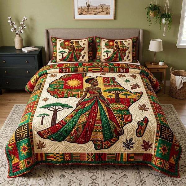 Heritage Queen quilted 3-piece bedding set on a made bed in a farmhouse bedroom