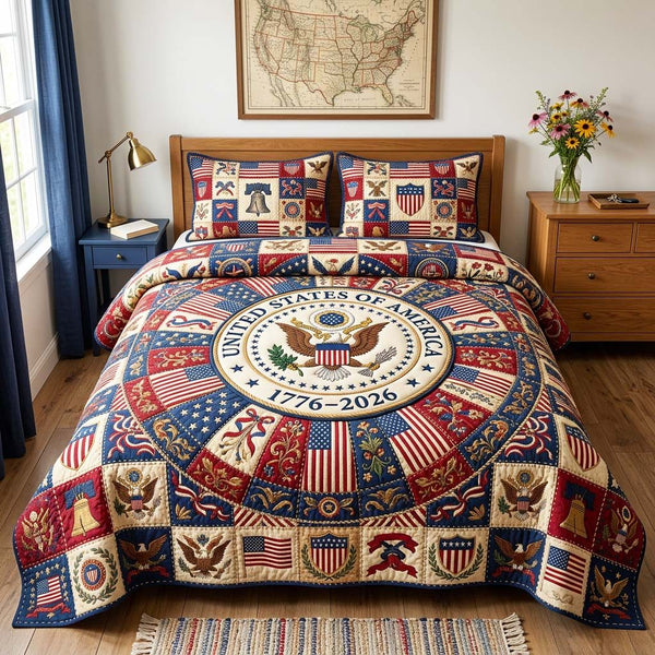 Heritage Seal quilted 3-piece bedding set on a made bed in a farmhouse bedroom