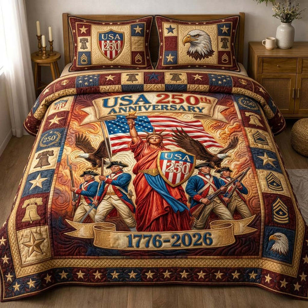 Heritage Shield quilted 3-piece bedding set on a made bed in a farmhouse bedroom