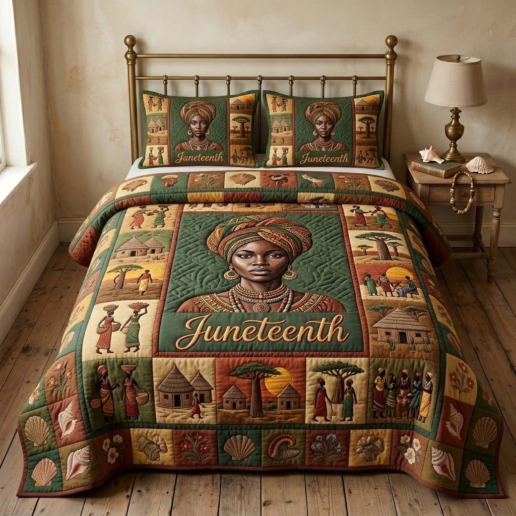 Heritage Spirit quilted 3-piece bedding set on a made bed in a farmhouse bedroom
