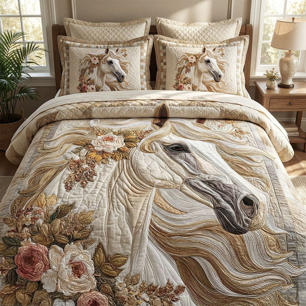 Heritage Spirit quilted 3-piece bedding set on a made bed in a farmhouse bedroom