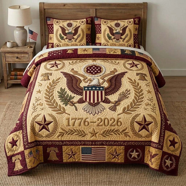 Heritage Star Medallion quilted 3-piece bedding set on a made bed in a farmhouse bedroom