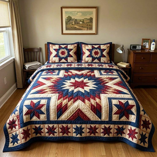 Heritage Star quilted 3-piece bedding set on a made bed in a farmhouse bedroom