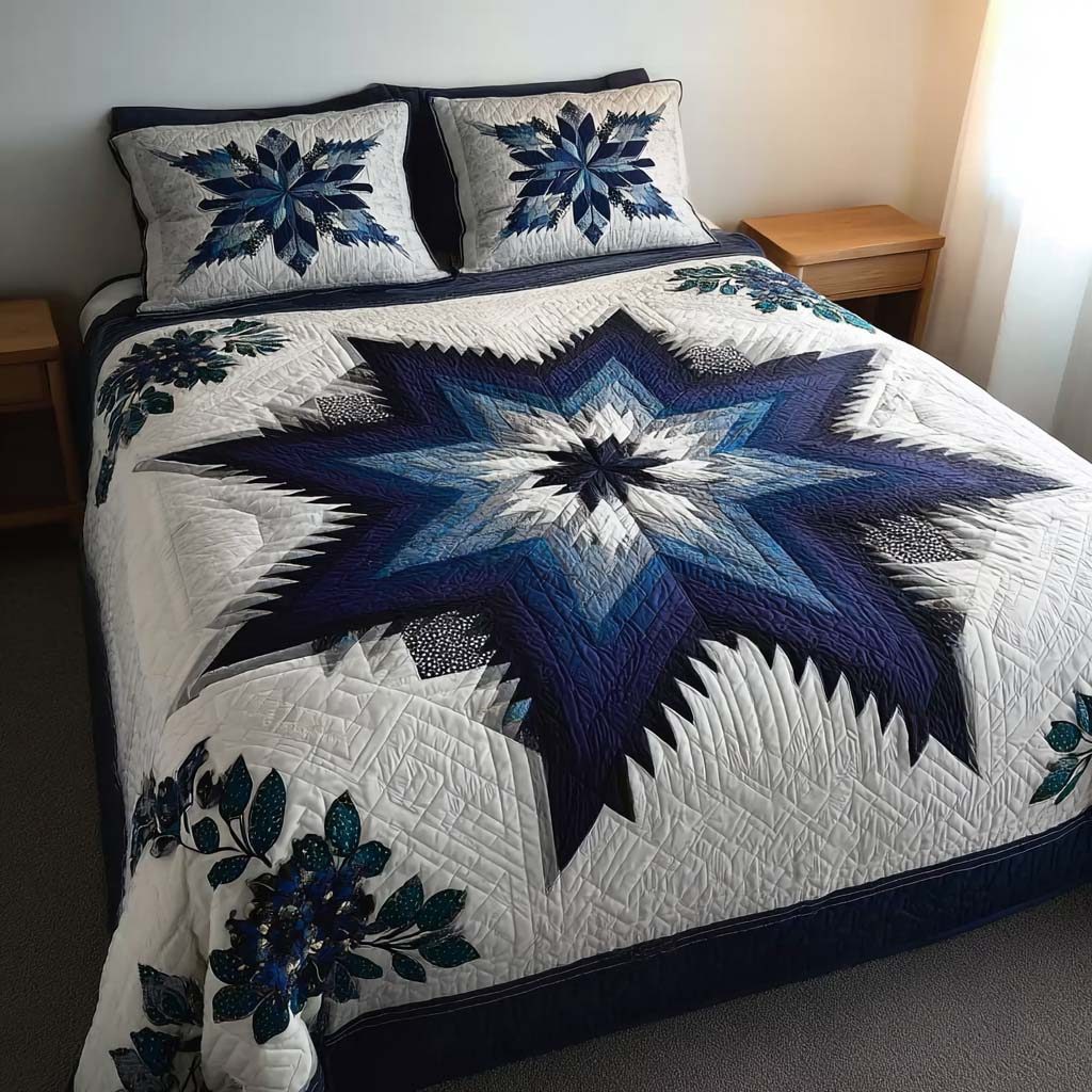 Heritage Star quilted 3-piece bedding set on a made bed in a farmhouse bedroom
