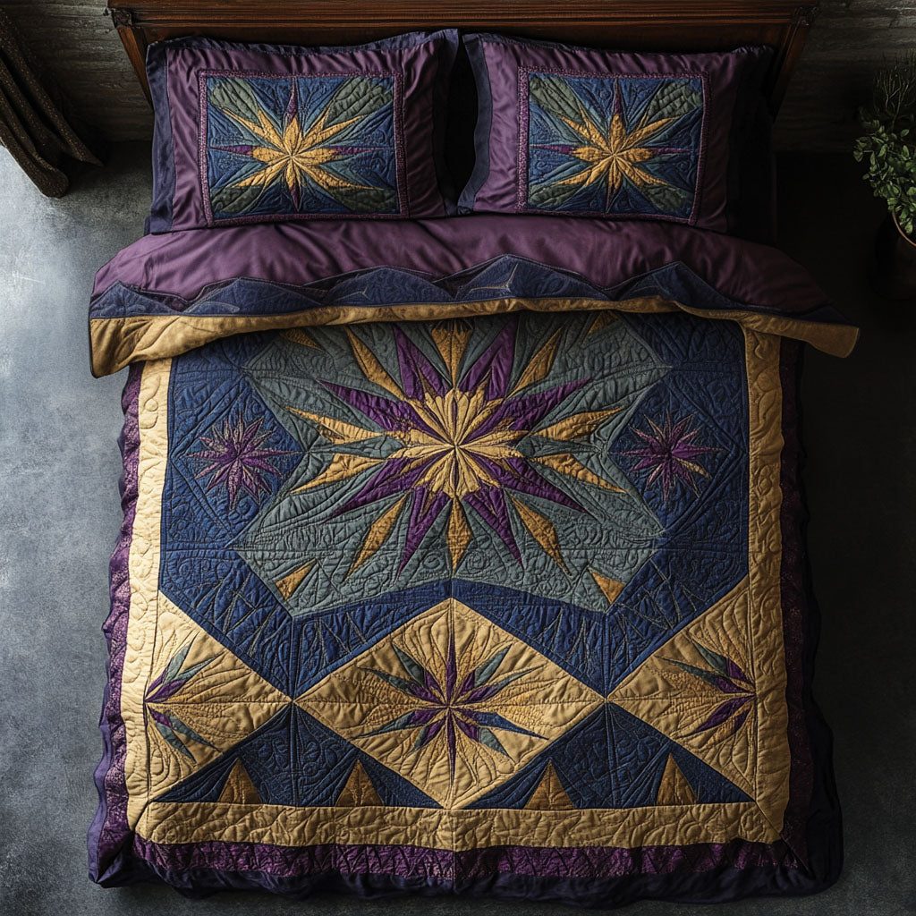 Heritage Star quilted 3-piece bedding set on a made bed in a farmhouse bedroom