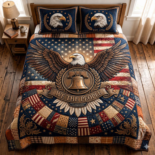 Heritage Stars quilted 3-piece bedding set on a made bed in a farmhouse bedroom