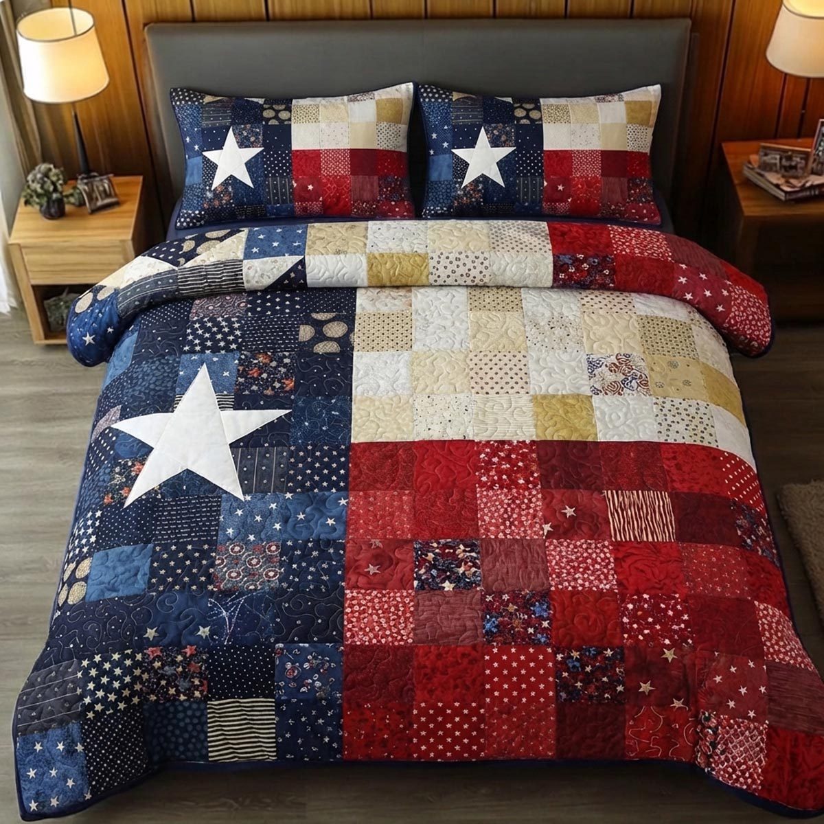 Heritage Stars quilted 3-piece bedding set on a made bed in a farmhouse bedroom