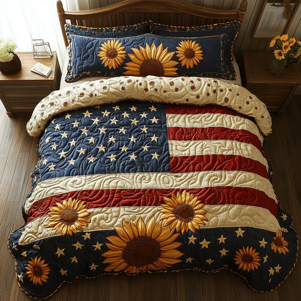 Heritage Threads quilted 3-piece bedding set on a made bed in a farmhouse bedroom