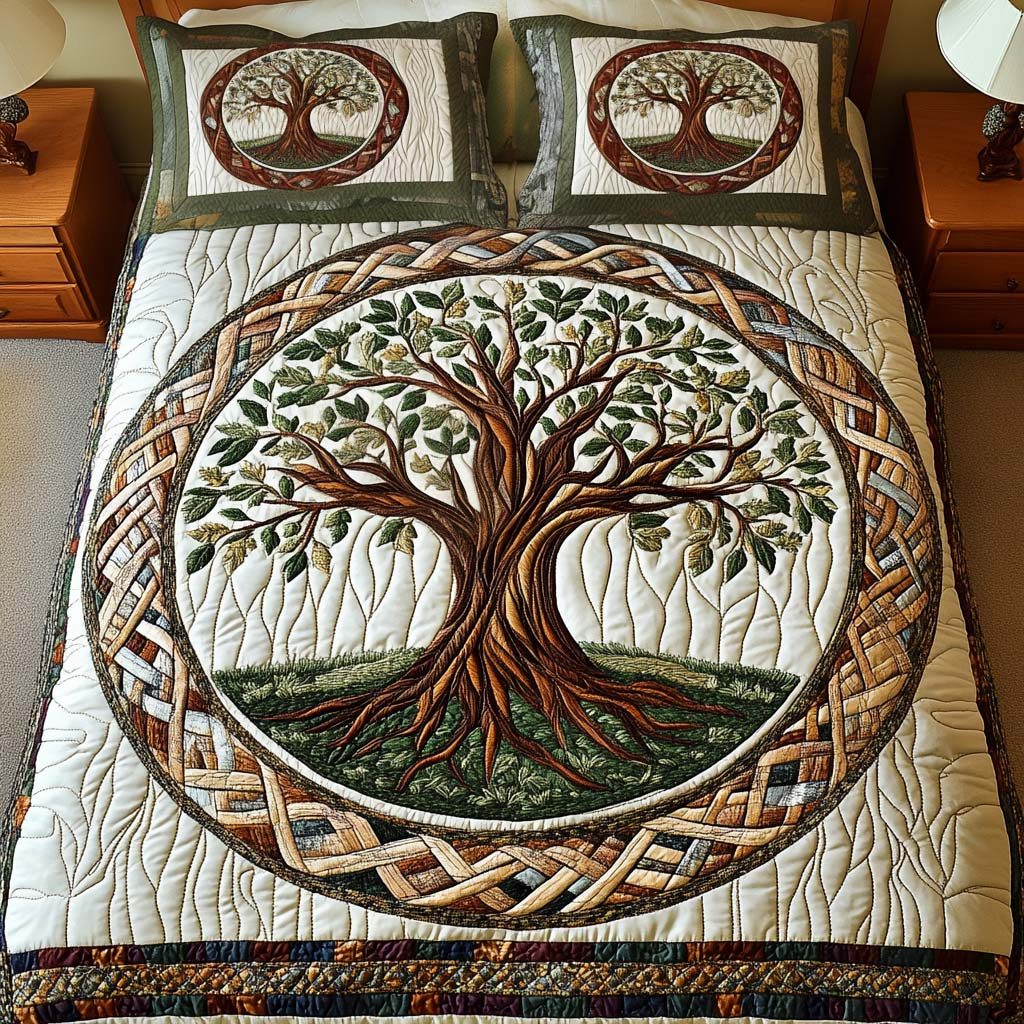 Heritage Tree quilted 3-piece bedding set on a made bed in a farmhouse bedroom