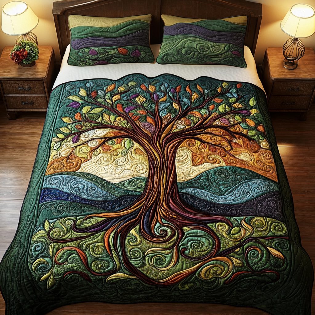 Heritage Tree quilted 3-piece bedding set on a made bed in a farmhouse bedroom