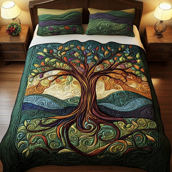 Heritage Tree quilted 3-piece bedding set on a made bed in a farmhouse bedroom