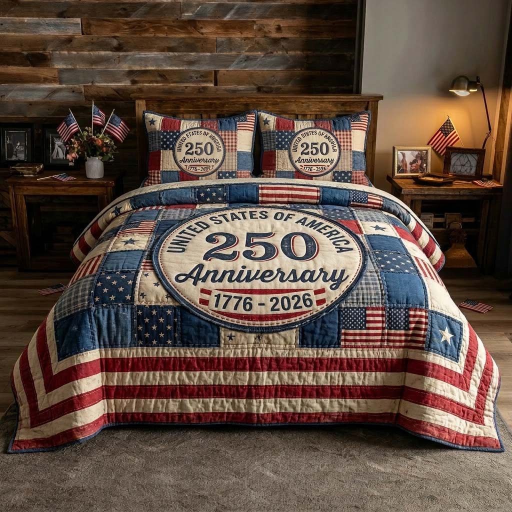 Heritage Union quilted 3-piece bedding set on a made bed in a warmly lit bedroom