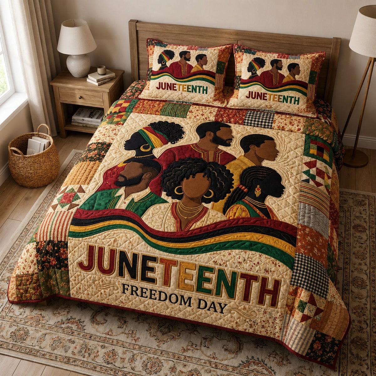 Heritage Unity quilted 3-piece bedding set on a made bed in a farmhouse bedroom