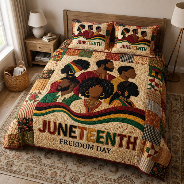 Heritage Unity quilted 3-piece bedding set on a made bed in a farmhouse bedroom
