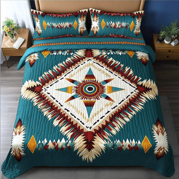 Heritage Weave quilted 3-piece bedding set on a made bed in a farmhouse bedroom