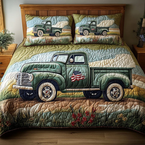 Heritage Wheels quilted 3-piece bedding set on a made bed in a farmhouse bedroom