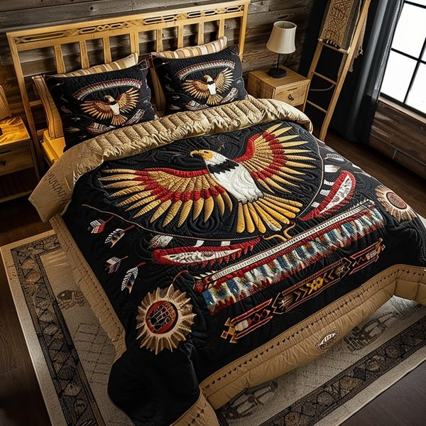 Heroic Soar Eagle quilted 3-piece bedding set on a made bed in a warmly lit bedroom