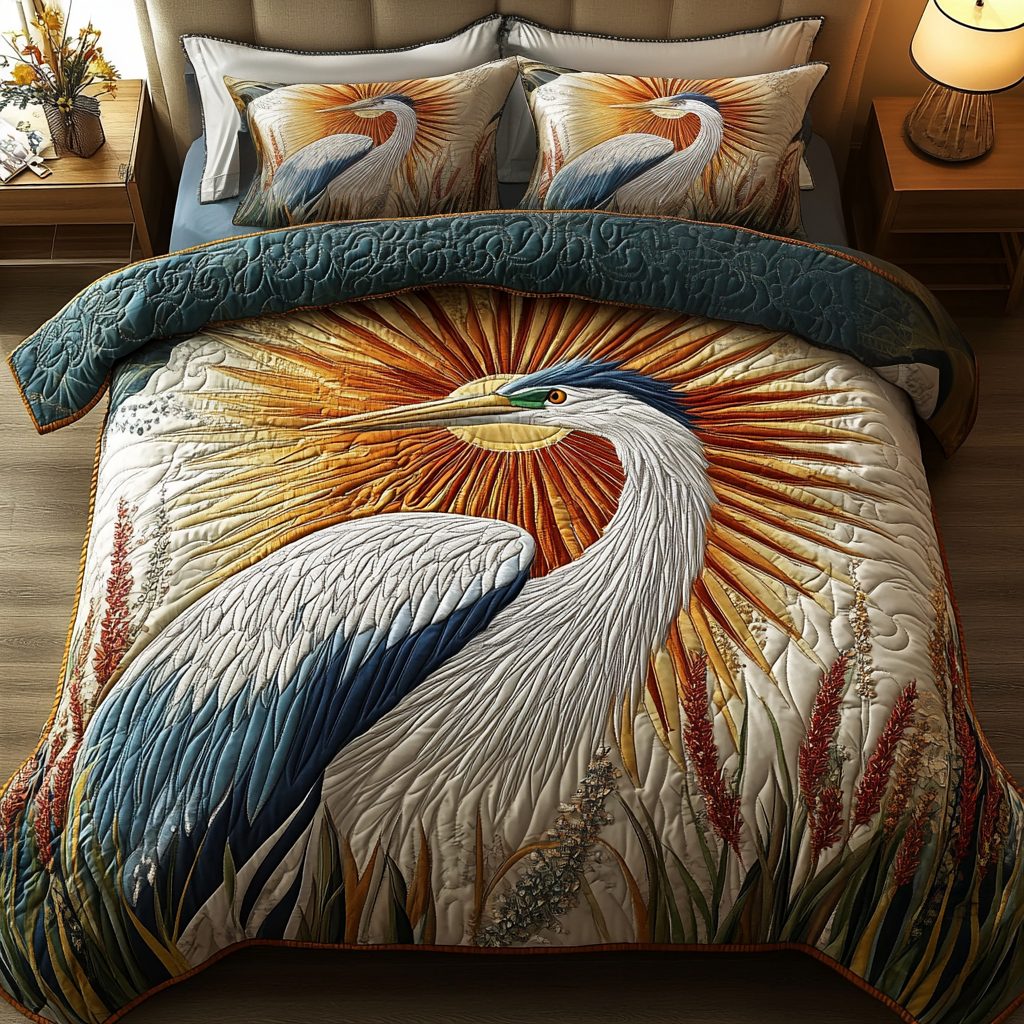 Heron Haven quilted 3-piece bedding set on a made bed with two matching pillow shams