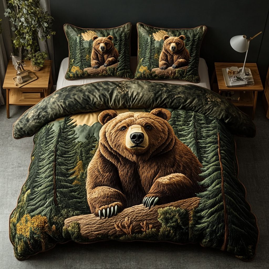 Hibernation Haven quilted 3-piece bedding set on a made bed with two matching pillow shams