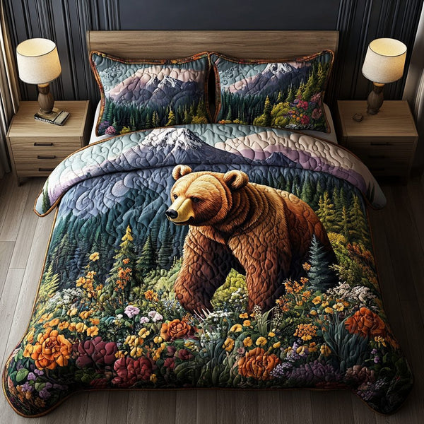Hibernation Haven quilted 3-piece bedding set on a made bed with two matching pillow shams